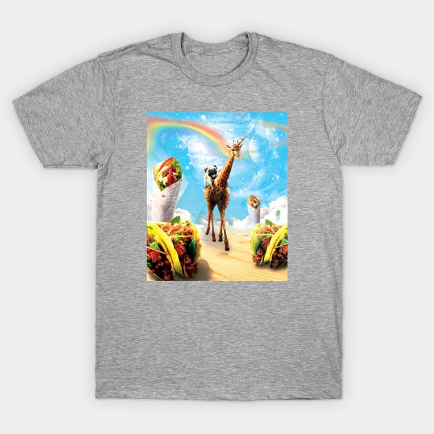 Pug Riding Unicorn Giraffe in the World of Mexican Dishes T-Shirt by Random Galaxy